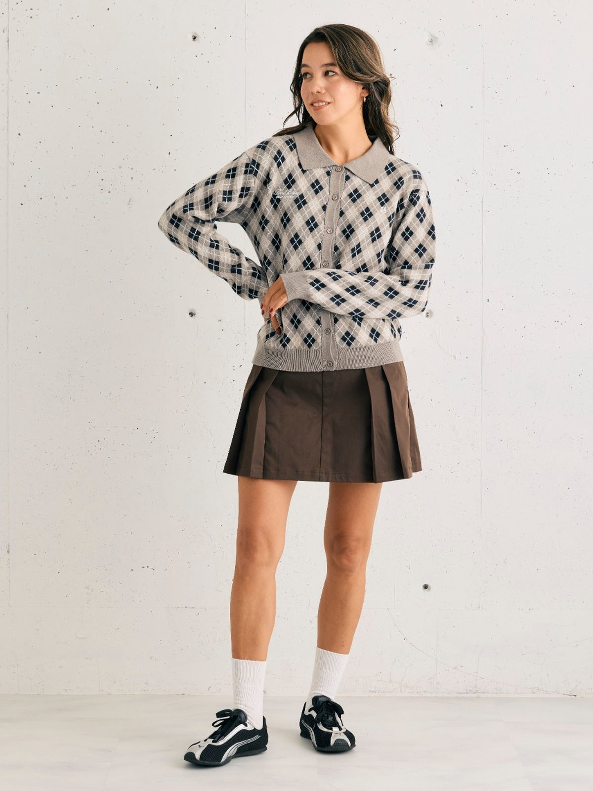 26AW GOLF COLLECTION LOOK 12 Women's スクリプトロゴ アーガイルニットカーディガン